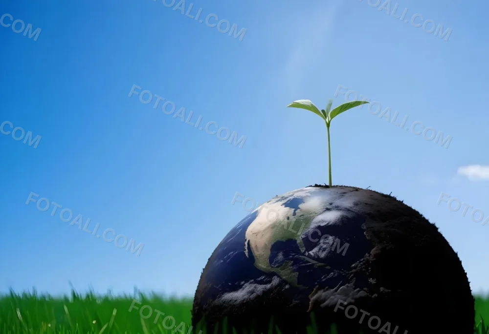 A Small Green Plant Growing On Top Of The Earth With A Blue Sky And Green Grass In The Background 30 5311