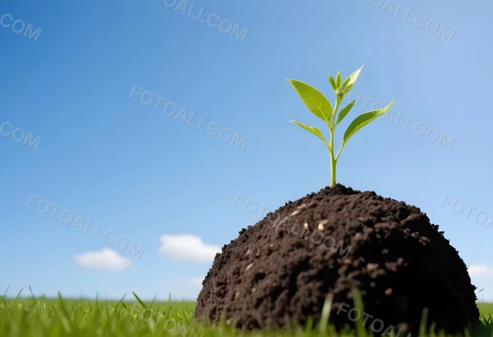 A Small Green Plant Growing On Top Of The Earth With A Blue Sky And Green Grass In The Background 35 886d