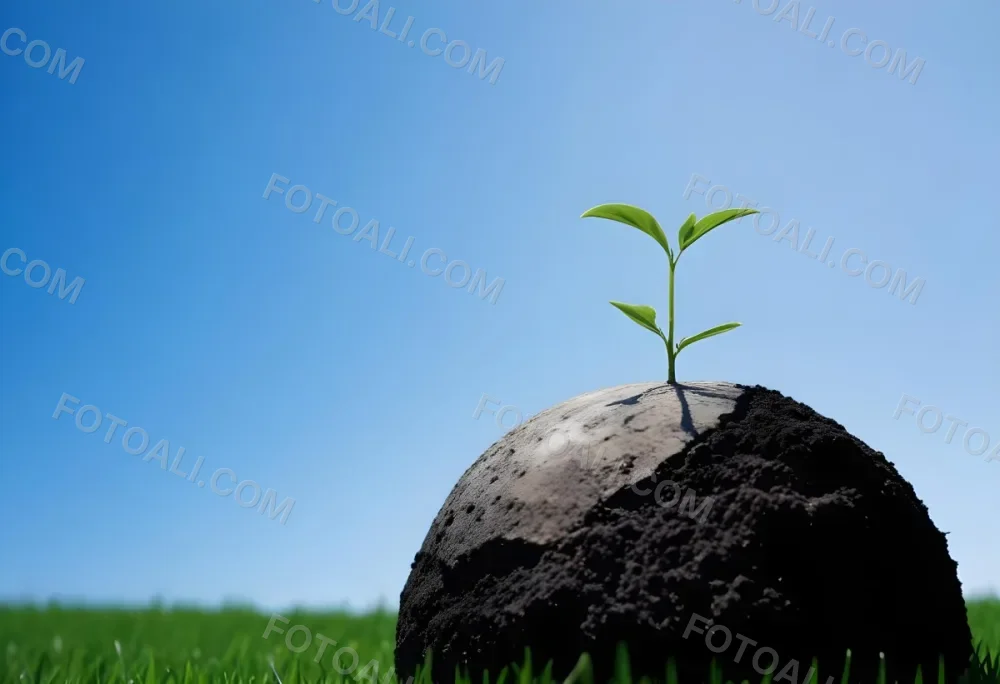 A Small Green Plant Growing On Top Of The Earth With A Blue Sky And Green Grass In The Background 39 10ca