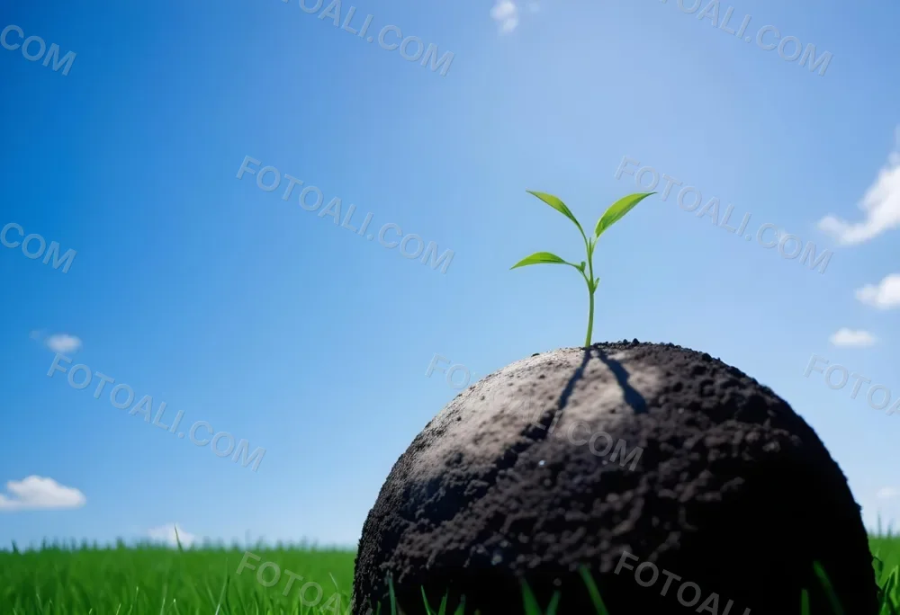 A Small Green Plant Growing On Top Of The Earth With A Blue Sky And Green Grass In The Background 44 1d18
