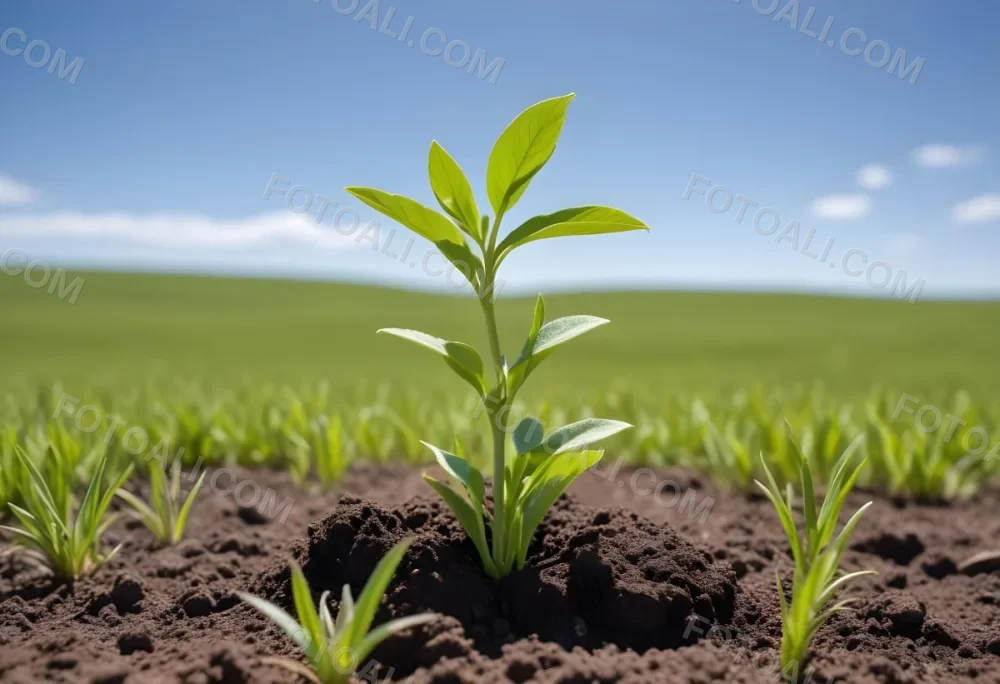 A Small Green Plant Growing On Top Of The Earth With A Blue Sky And Green Grass In The Background 46 B22e