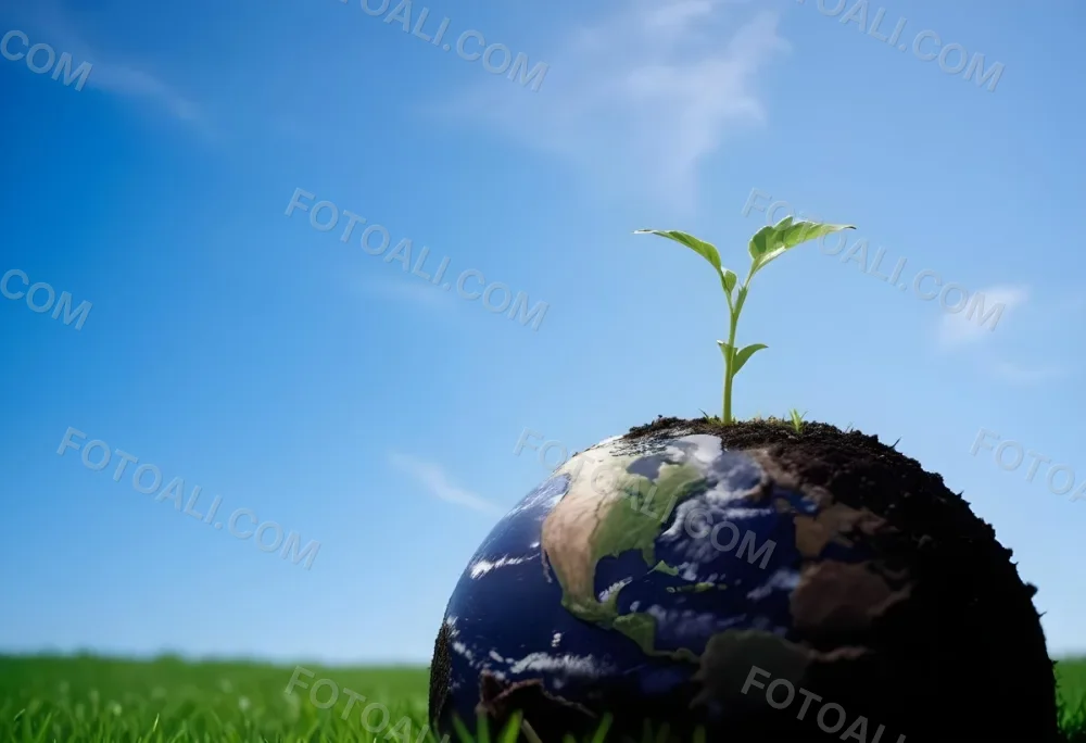 A Small Green Plant Growing On Top Of The Earth With A Blue Sky And Green Grass In The Background 48 5aba