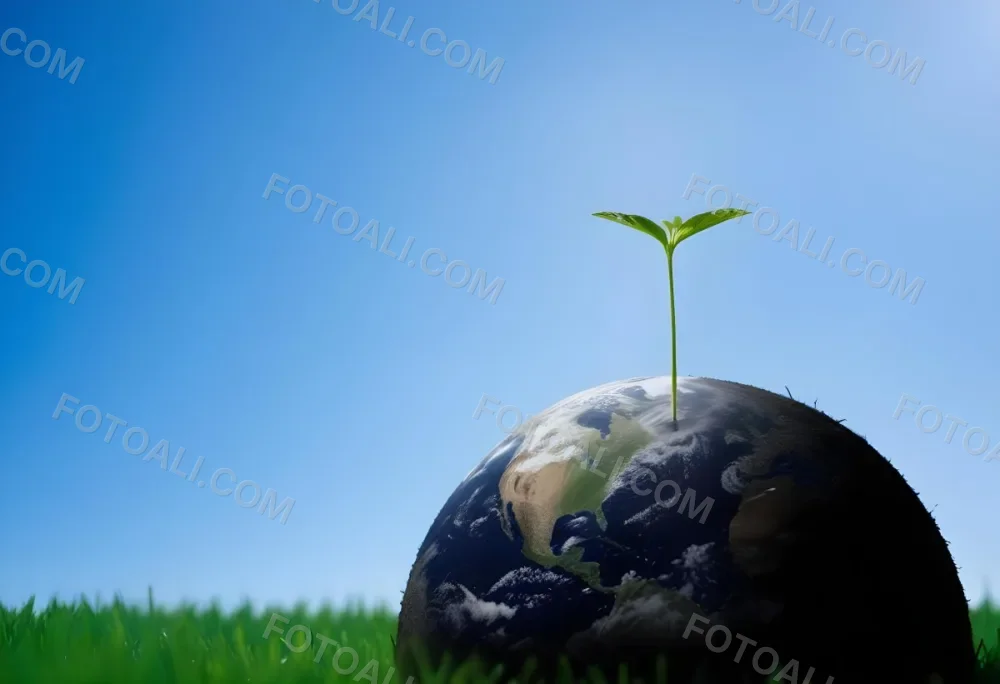 A Small Green Plant Growing On Top Of The Earth With A Blue Sky And Green Grass In The Background 49 78ae