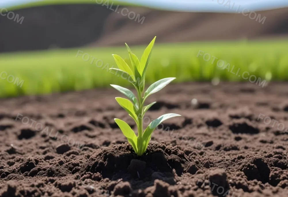 A Small Green Plant Growing On Top Of The Earth With A Blue Sky And Green Grass In The Background 5 4a16