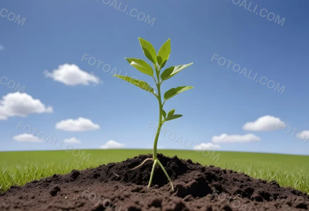 A Small Green Plant Growing On Top Of The Earth With A Blue Sky And Green Grass In The Background 9 A5d1