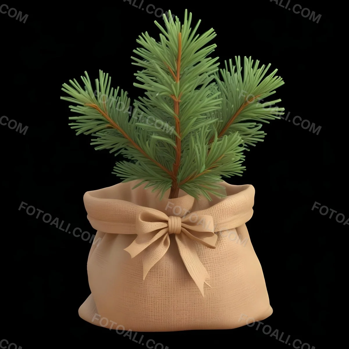 A Small Pine Tree In A Burlap Sack With A Tied Bow The Background Is Plain Black 1 288f