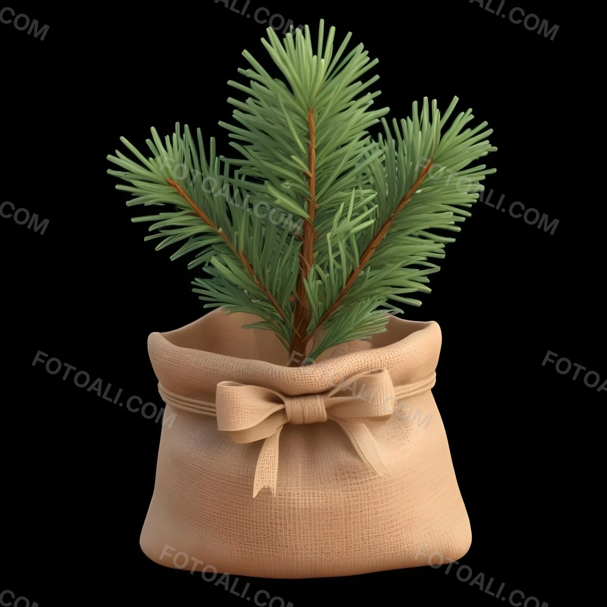 A Small Pine Tree In A Burlap Sack With A Tied Bow The Background Is Plain Black 11 89bb
