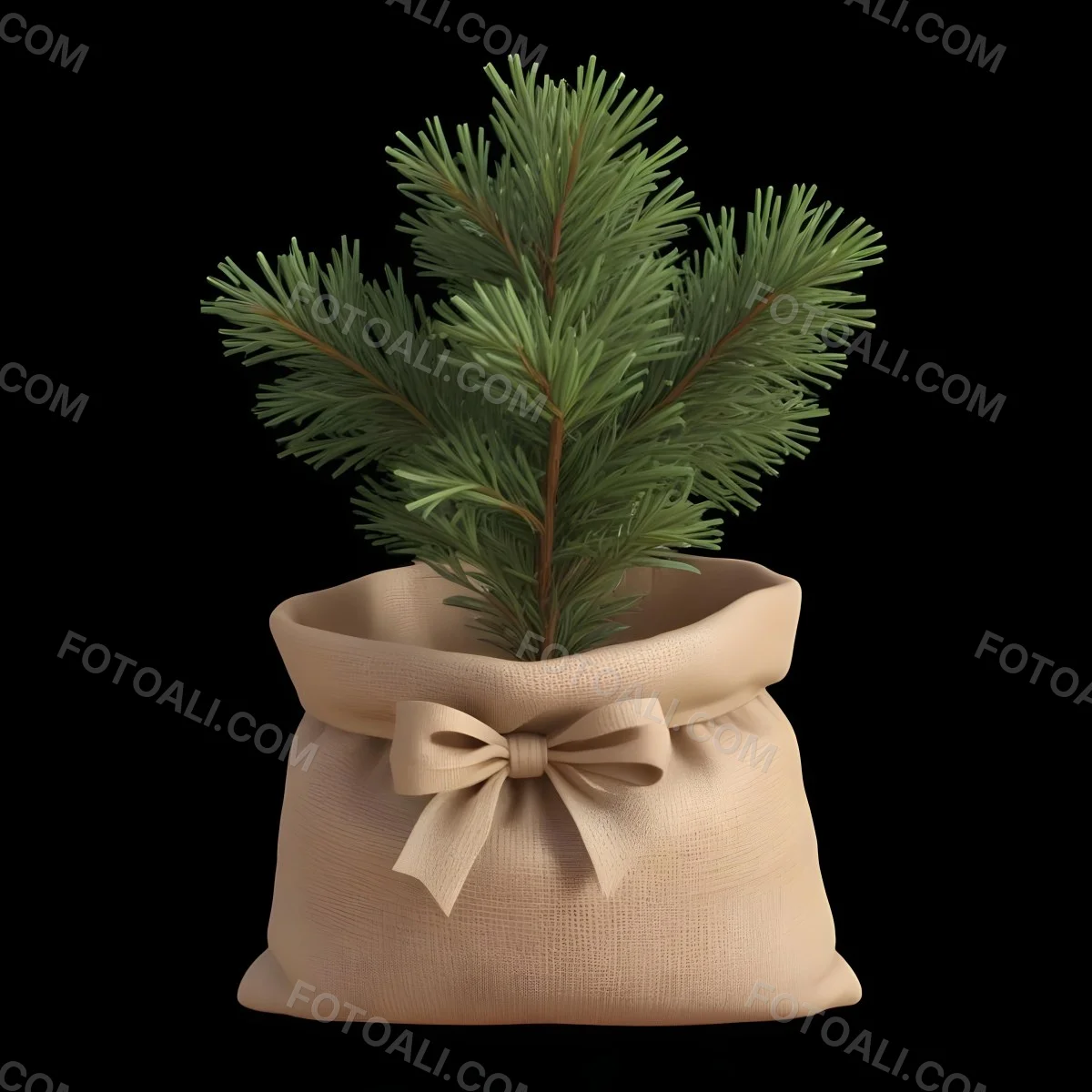 A Small Pine Tree In A Burlap Sack With A Tied Bow The Background Is Plain Black 5 1312