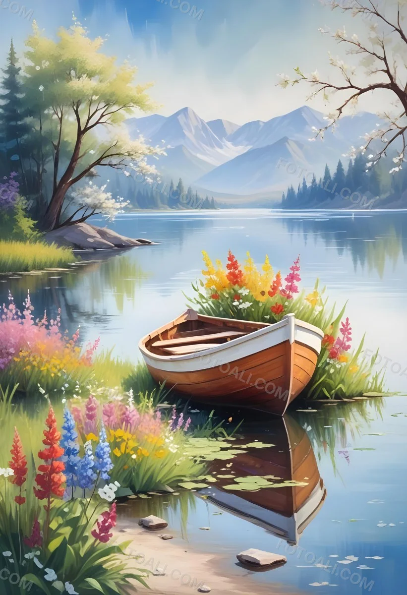 A Small Rowboat Resting On The Shore Of A Calm Lake Surrounded By Colorful Wildflowers Trees With White Blossoms Distant Mountains And A Clear Blue Sky 15 79bb