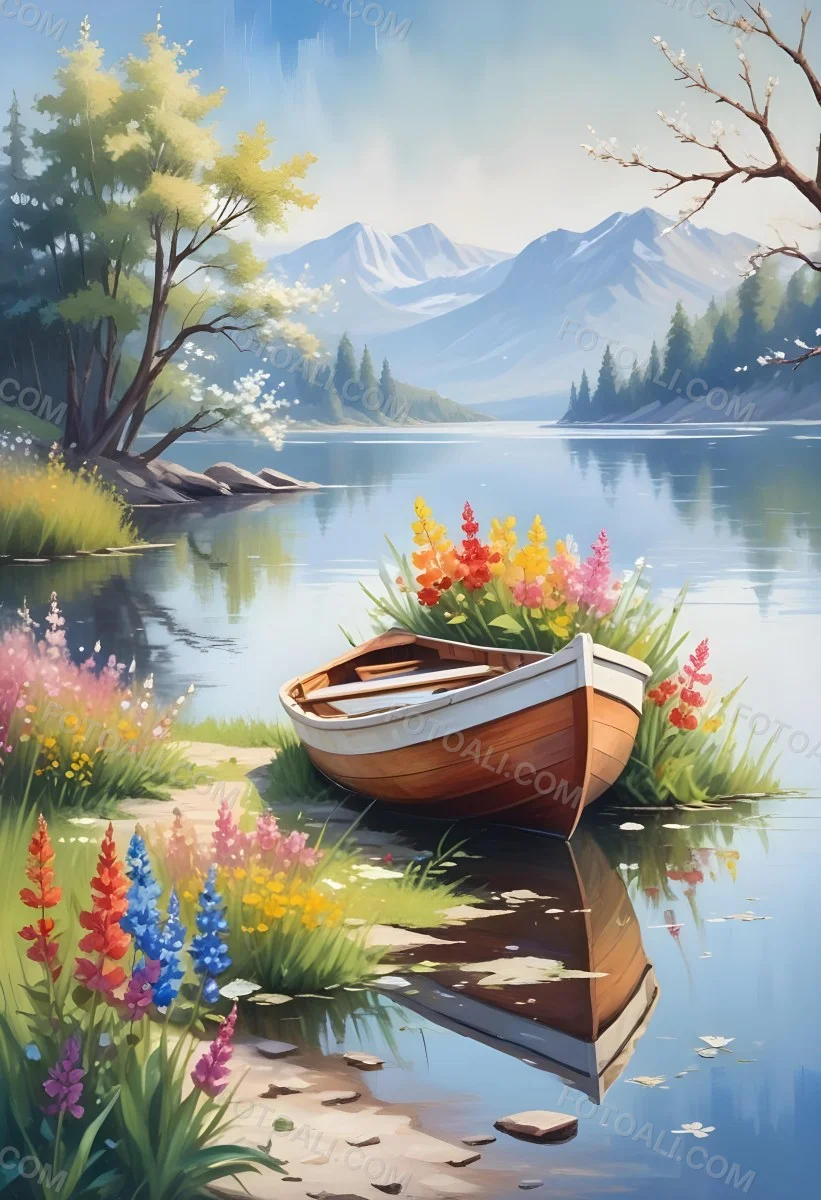A Small Rowboat Resting On The Shore Of A Calm Lake Surrounded By Colorful Wildflowers Trees With White Blossoms Distant Mountains And A Clear Blue Sky 26 3387