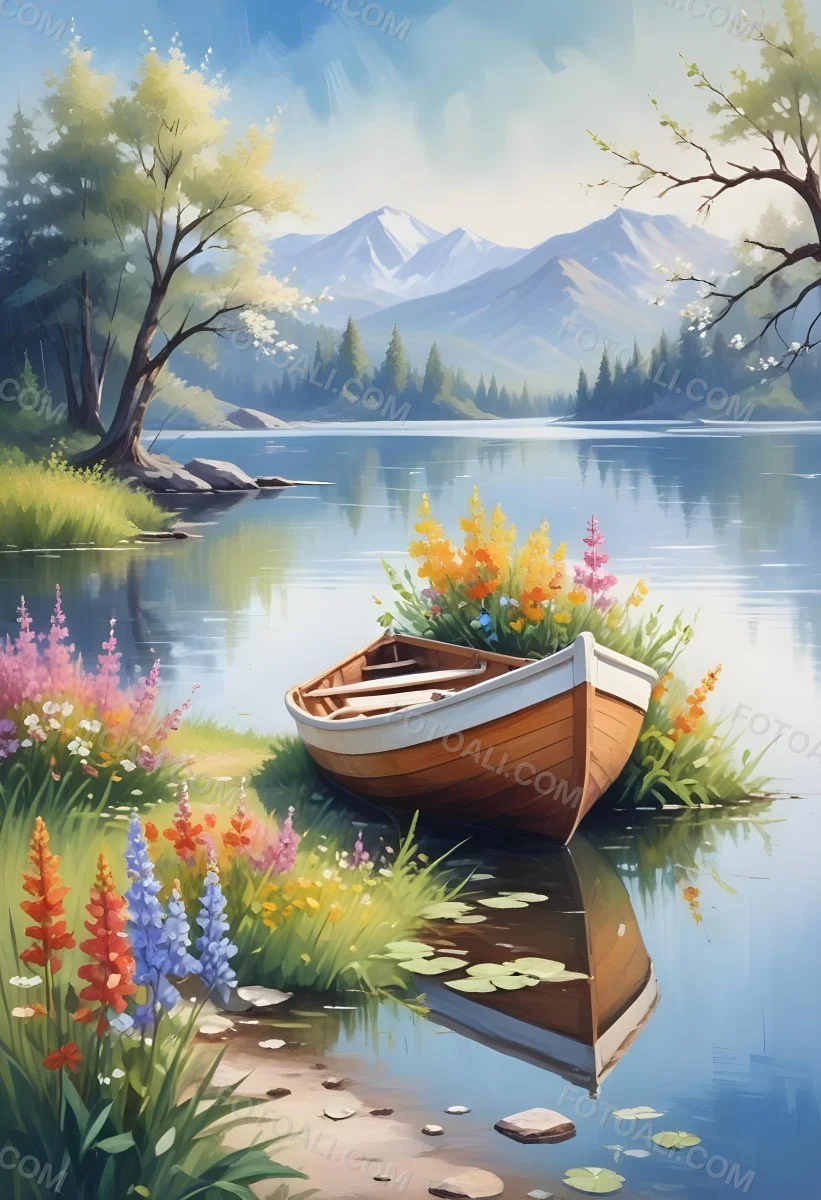 A Small Rowboat Resting On The Shore Of A Calm Lake Surrounded By Colorful Wildflowers Trees With White Blossoms Distant Mountains And A Clear Blue Sky 27 290d