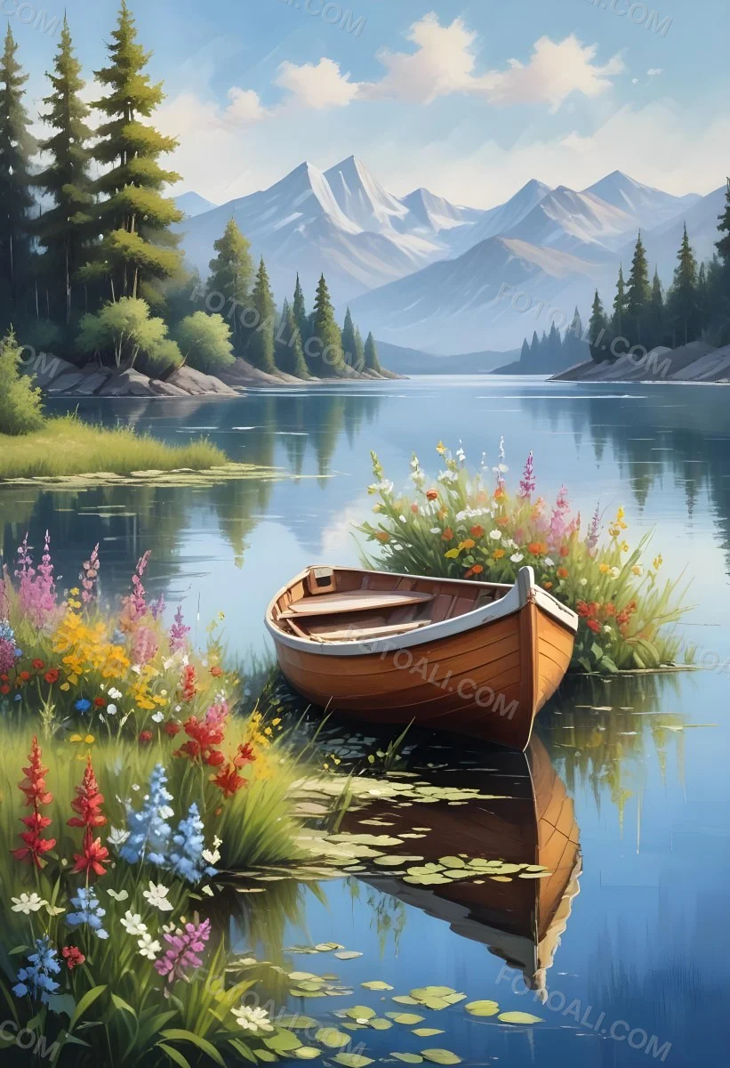A Small Rowboat Resting On The Shore Of A Calm Lake Surrounded By Colorful Wildflowers Trees With White Blossoms Distant Mountains And A Clear Blue Sky 29 0368