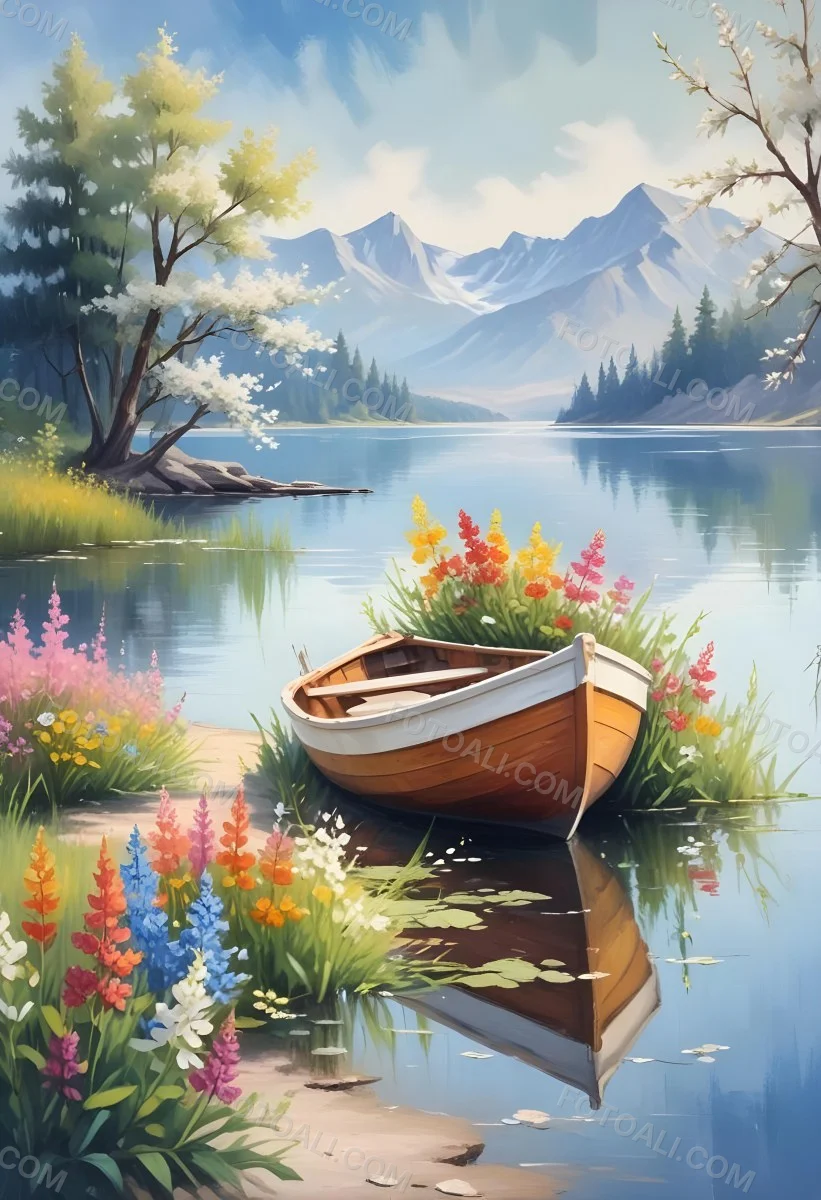 A Small Rowboat Resting On The Shore Of A Calm Lake Surrounded By Colorful Wildflowers Trees With White Blossoms Distant Mountains And A Clear Blue Sky 30 5f6b