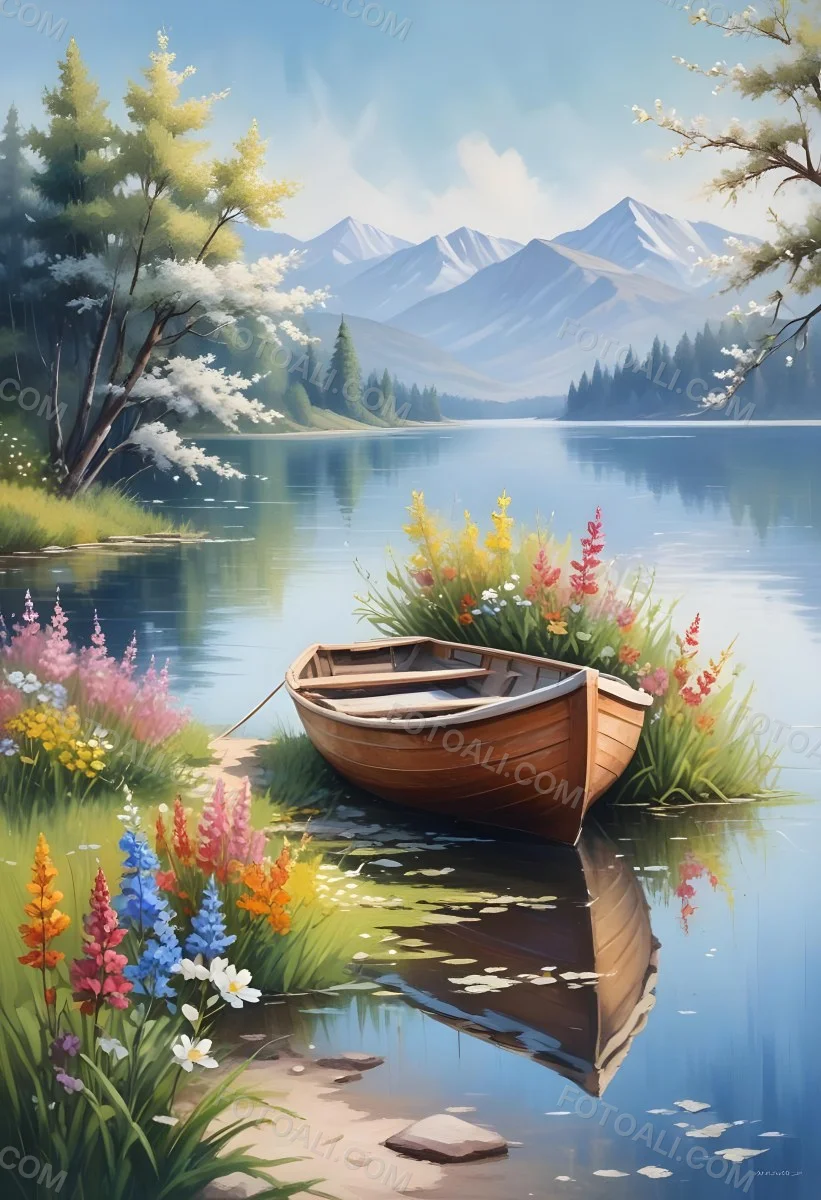 A Small Rowboat Resting On The Shore Of A Calm Lake Surrounded By Colorful Wildflowers Trees With White Blossoms Distant Mountains And A Clear Blue Sky 32 86a1