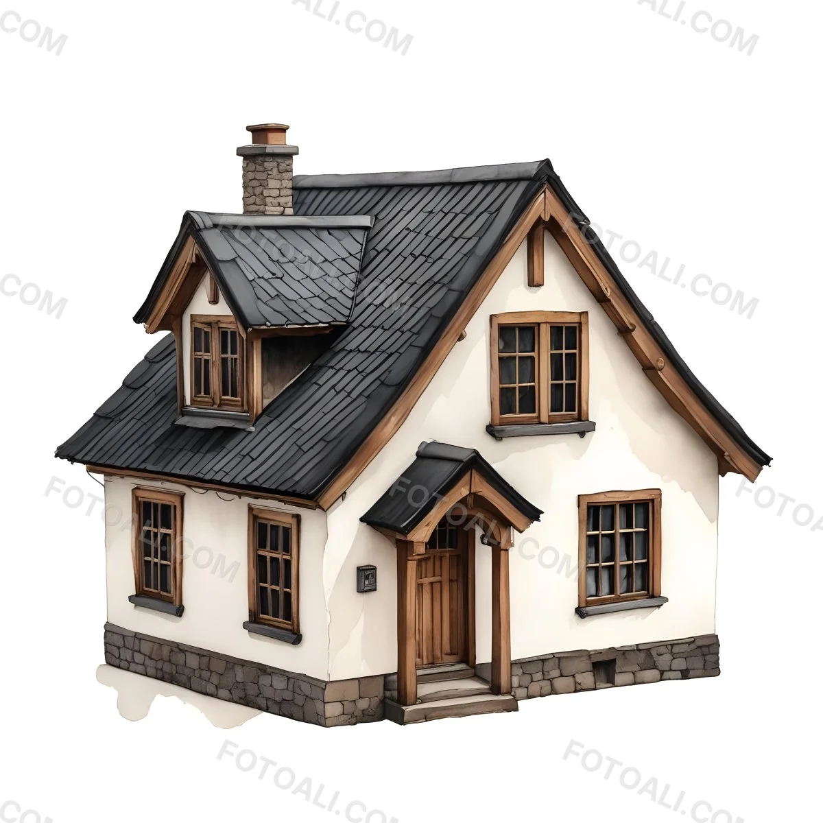 A Small White House With A Black Roof And A Wooden Foundation Wooden Door And Window Frames Isolated On Black Background 21 F5b7