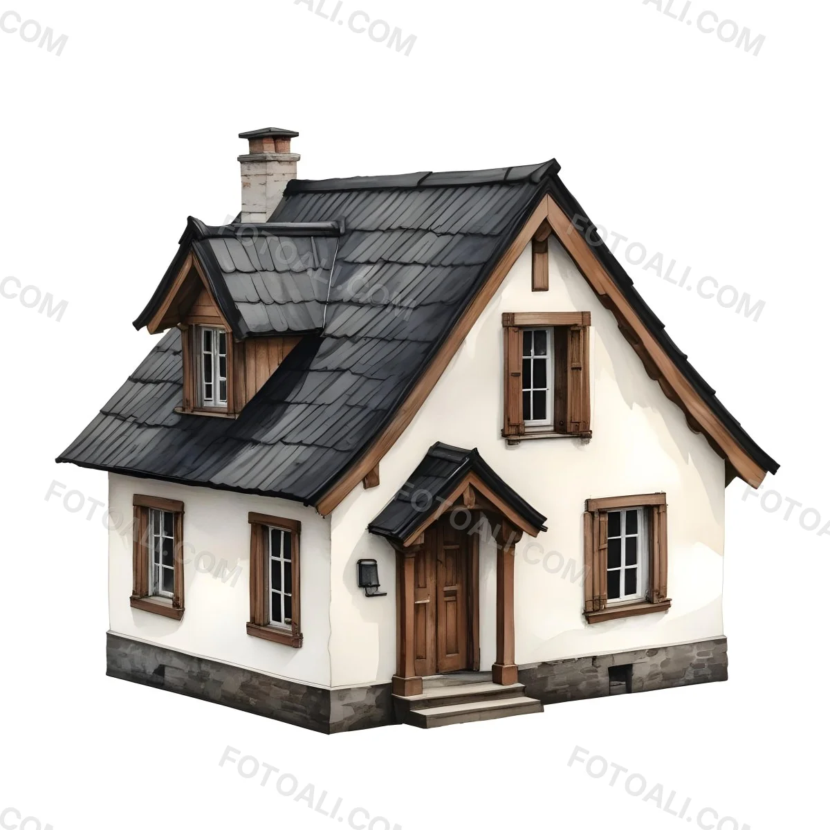 A Small White House With A Black Roof And A Wooden Foundation Wooden Door And Window Frames Isolated On Black Background 24 1159