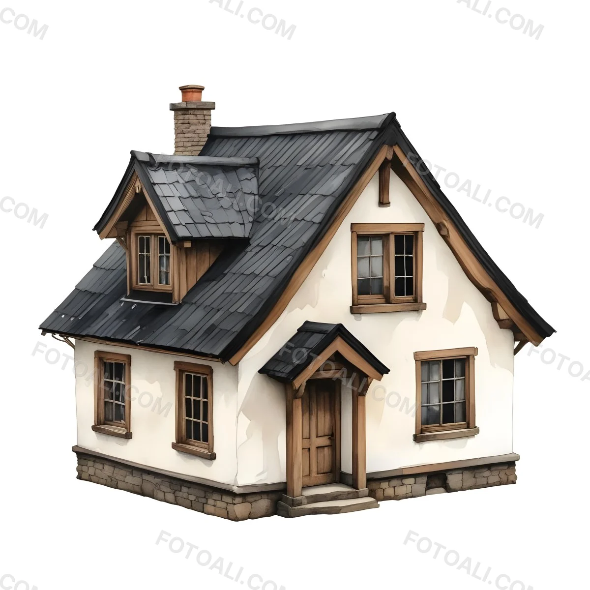 A Small White House With A Black Roof And A Wooden Foundation Wooden Door And Window Frames Isolated On Black Background 25 A883