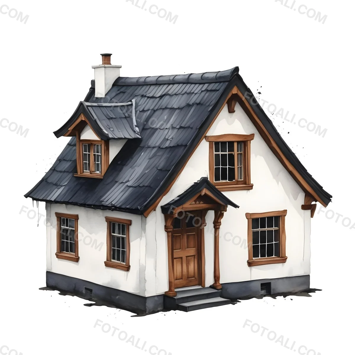 A Small White House With A Black Roof And A Wooden Foundation Wooden Door And Window Frames Isolated On Black Background 30 02f9