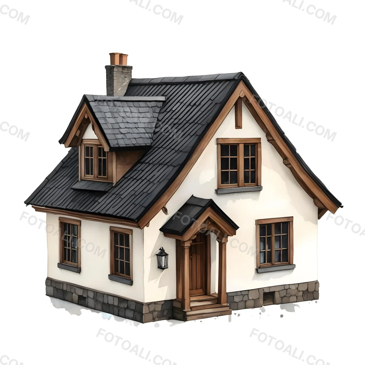 A Small White House With A Black Roof And A Wooden Foundation Wooden Door And Window Frames Isolated On Black Background 31 150c