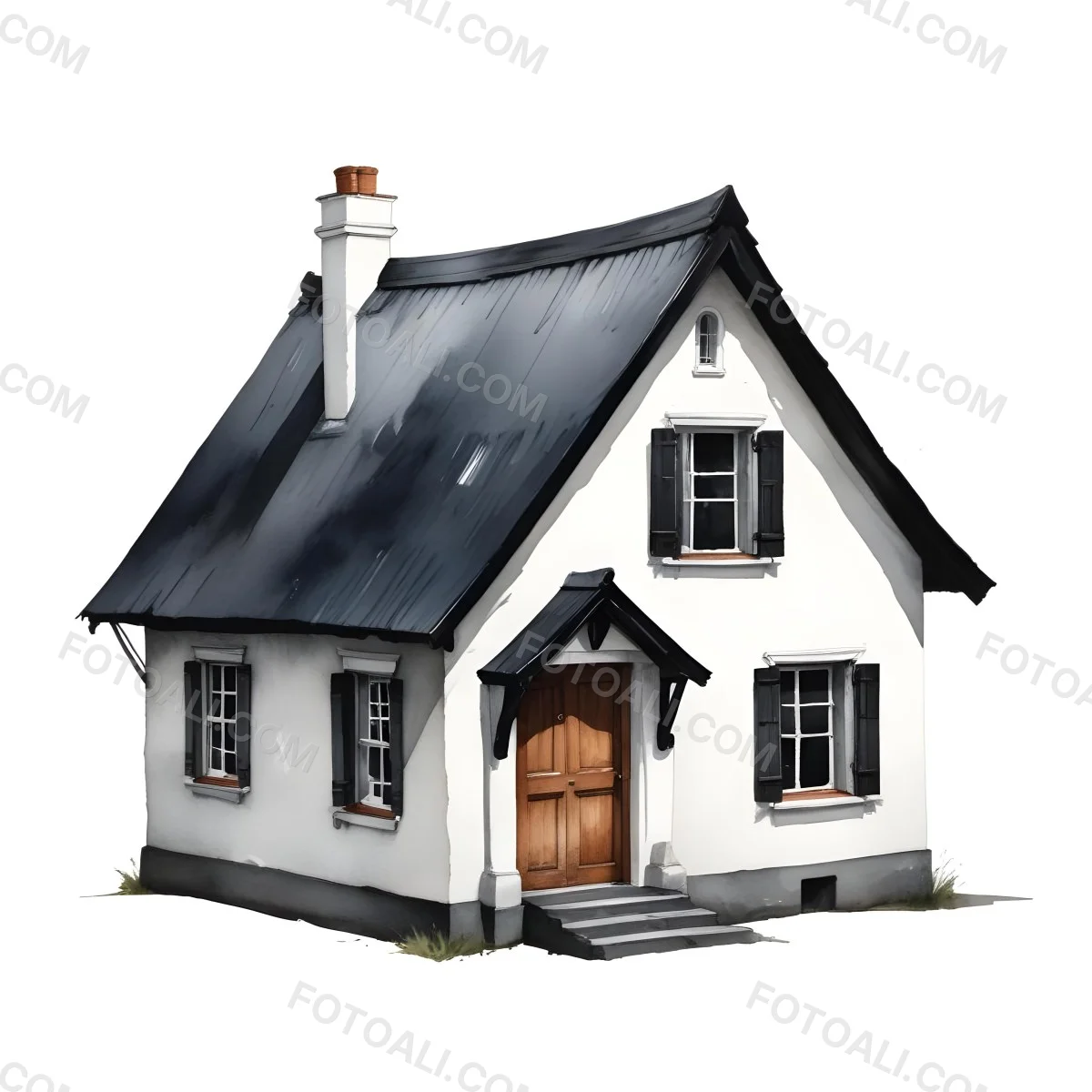 A Small White House With A Black Roof And A Wooden Foundation Wooden Door And Window Frames Isolated On Black Background 37 F99a