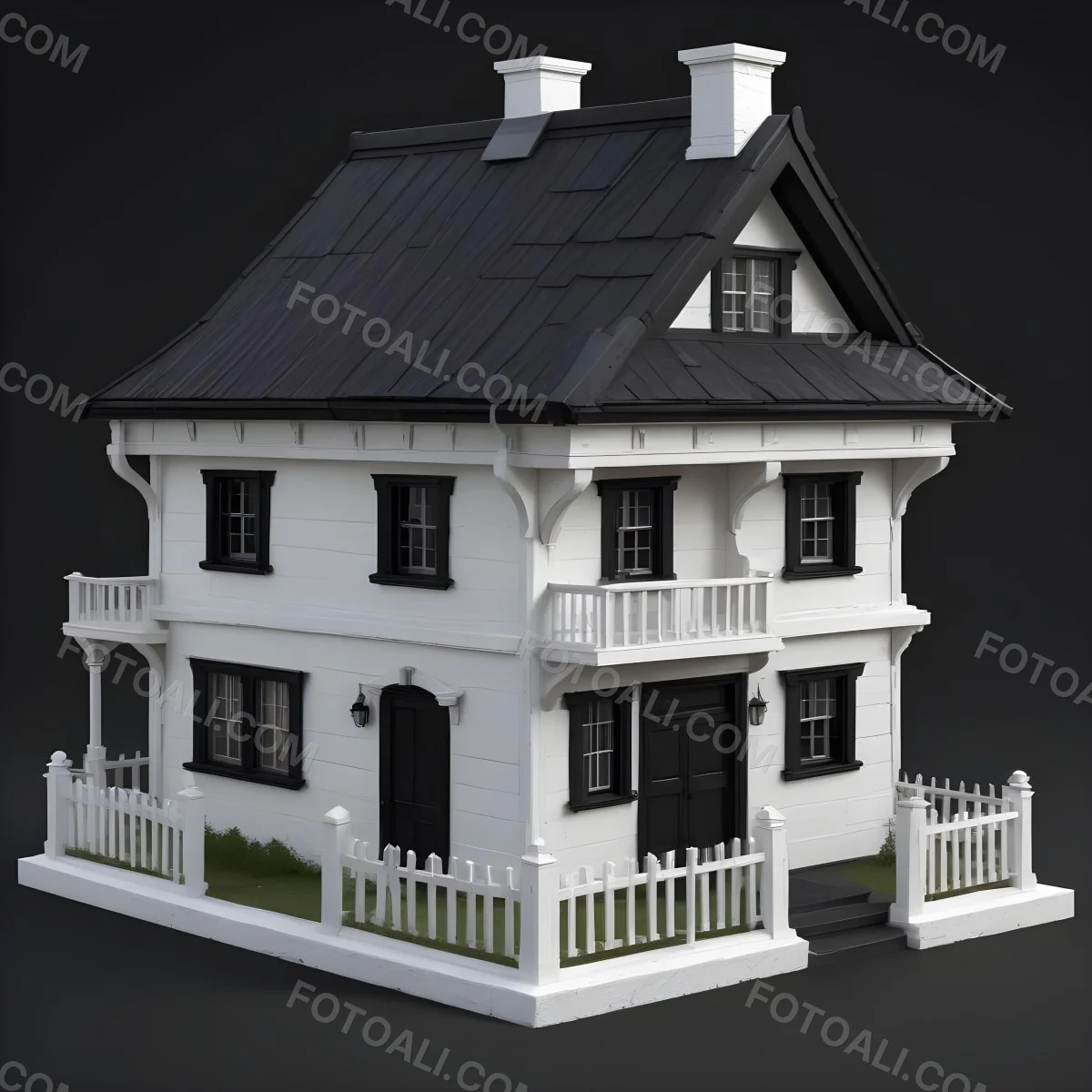 A Small White House With A Black Roof And A Wooden Foundation Wooden Door And Window Frames Isolated On Black Background 59 F402