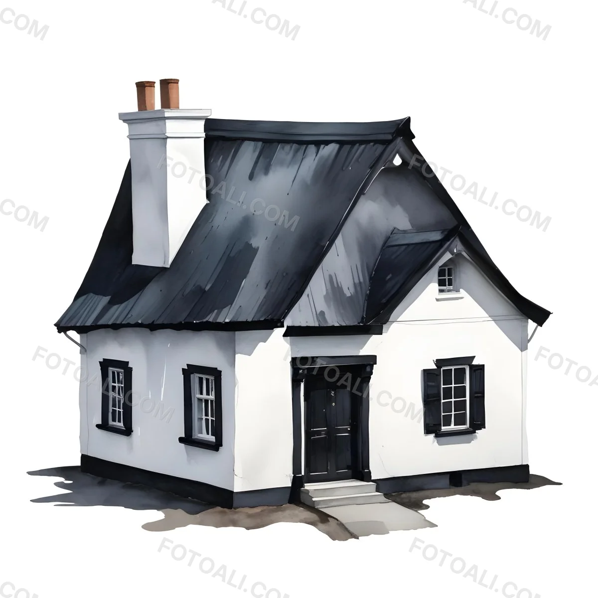 A Small White House With A Black Roof And A Wooden Foundation Wooden Door And Window Frames Isolated On Black Background 6 E62a