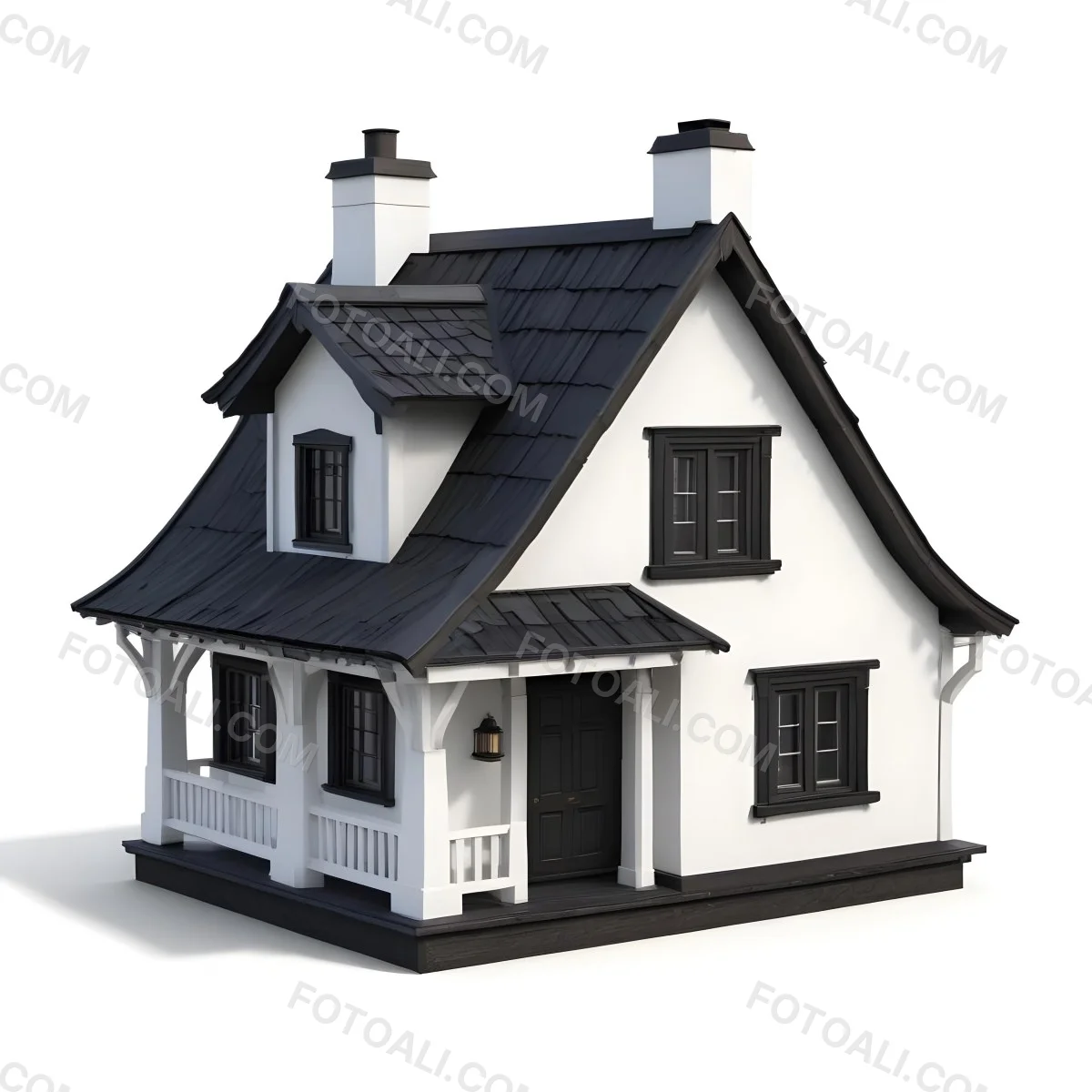 A Small White House With A Black Roof And A Wooden Foundation Wooden Door And Window Frames Isolated On Black Background 61 4ed9