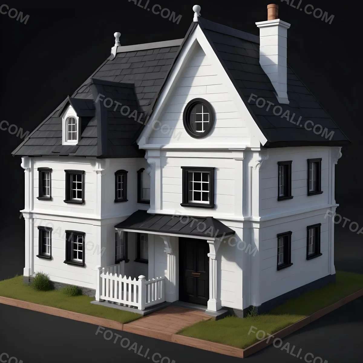 A Small White House With A Black Roof And A Wooden Foundation Wooden Door And Window Frames Isolated On Black Background 62 7dca