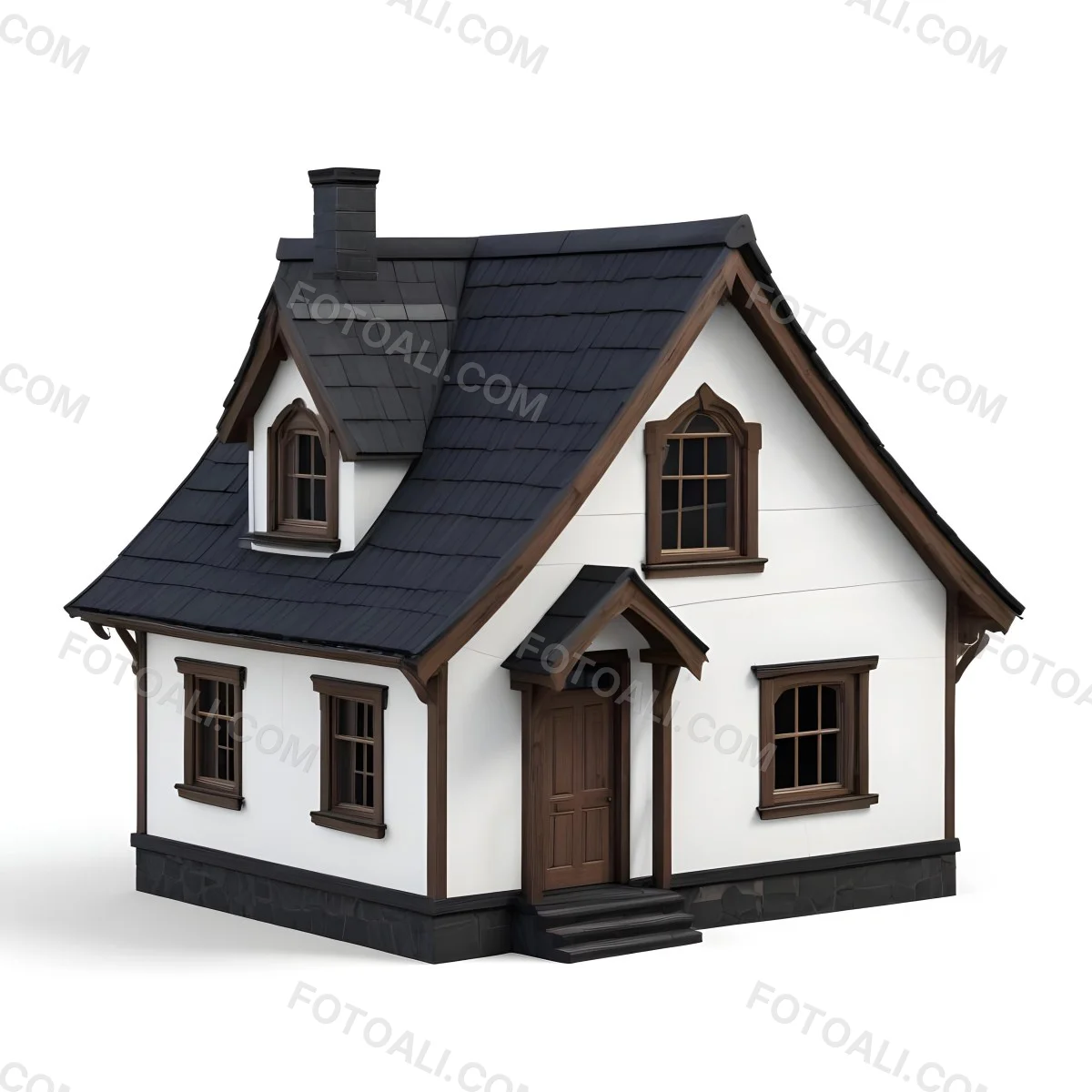 A Small White House With A Black Roof And A Wooden Foundation Wooden Door And Window Frames Isolated On Black Background 63 E0ab