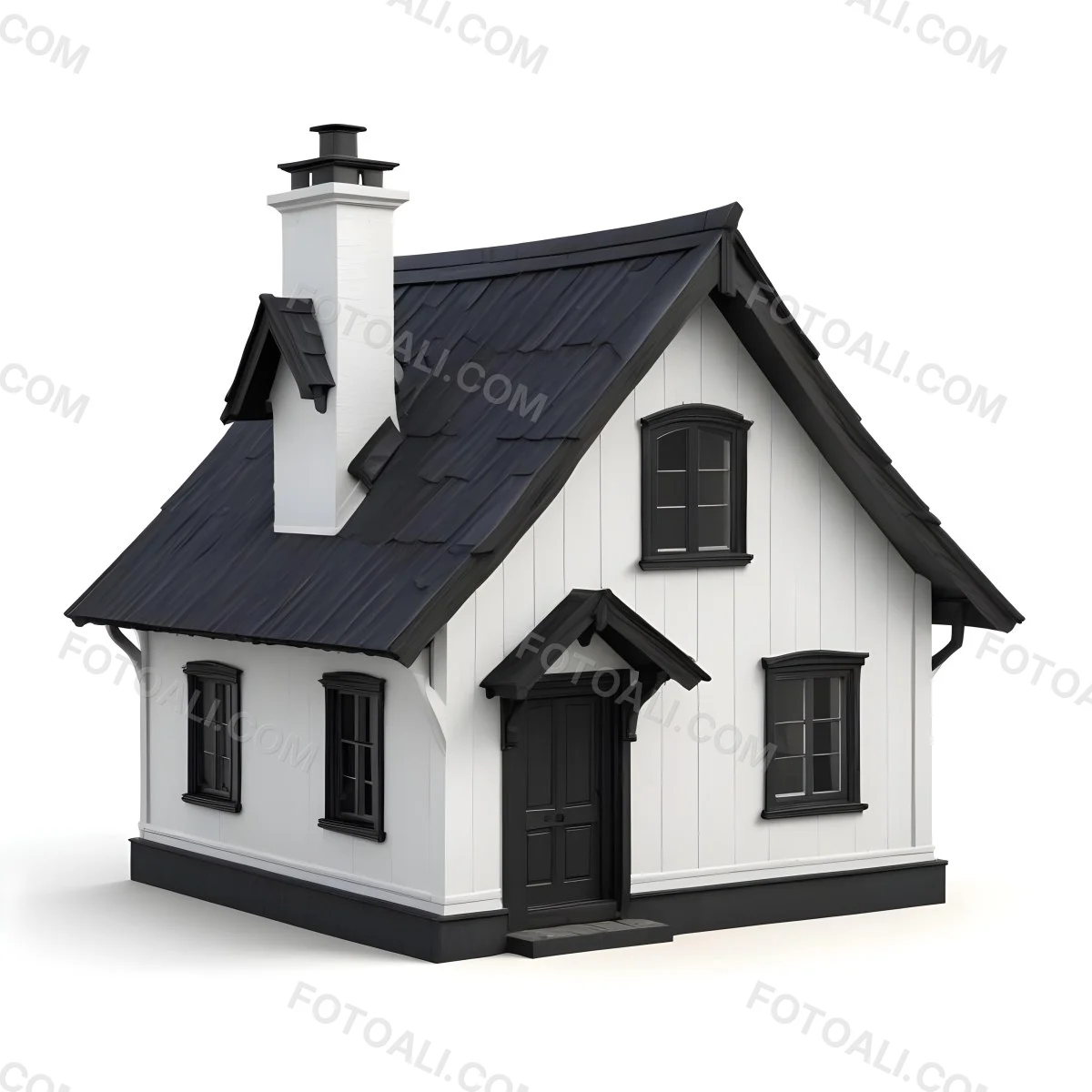 A Small White House With A Black Roof And A Wooden Foundation Wooden Door And Window Frames Isolated On Black Background 64 6a29