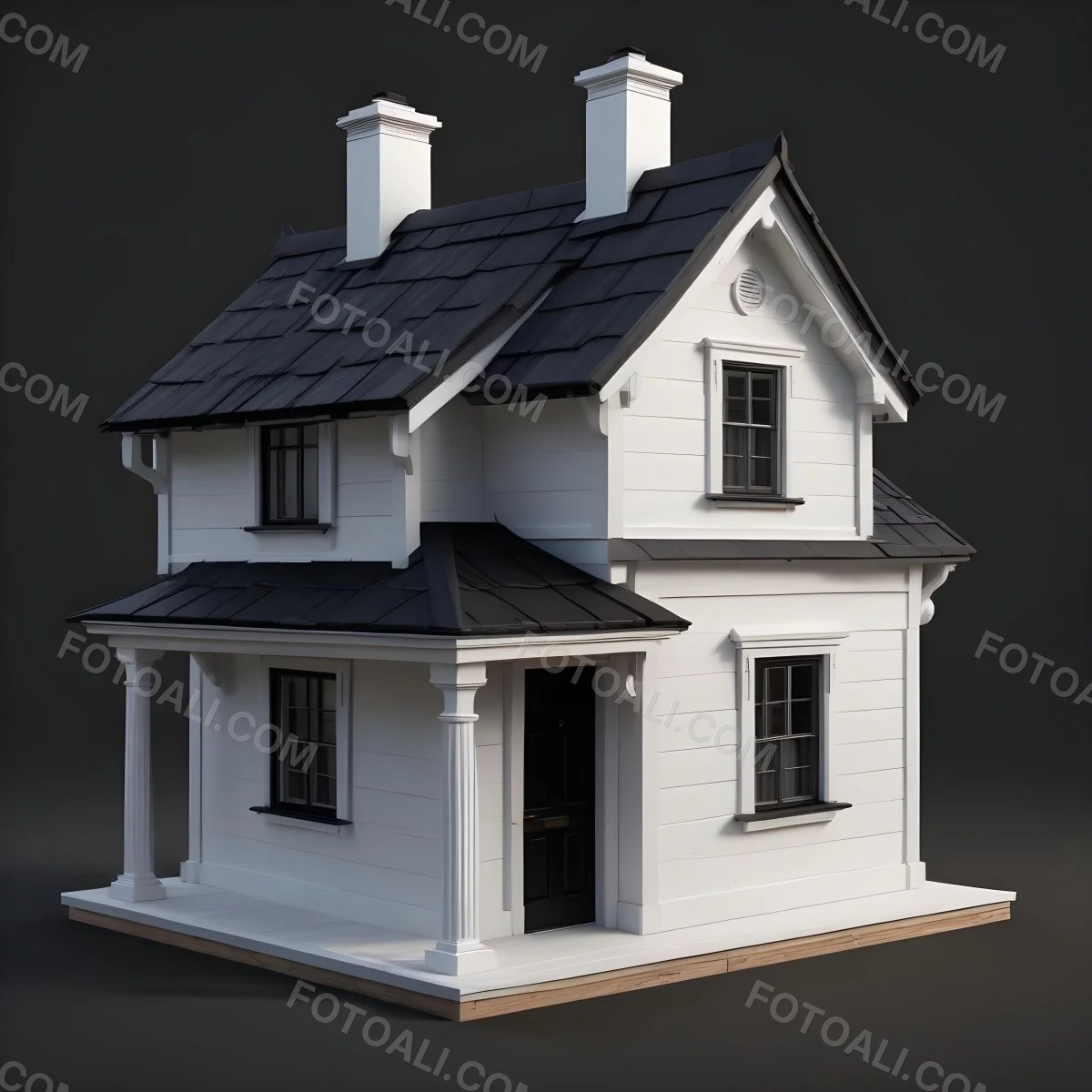 A Small White House With A Black Roof And A Wooden Foundation Wooden Door And Window Frames Isolated On Black Background 65 2138