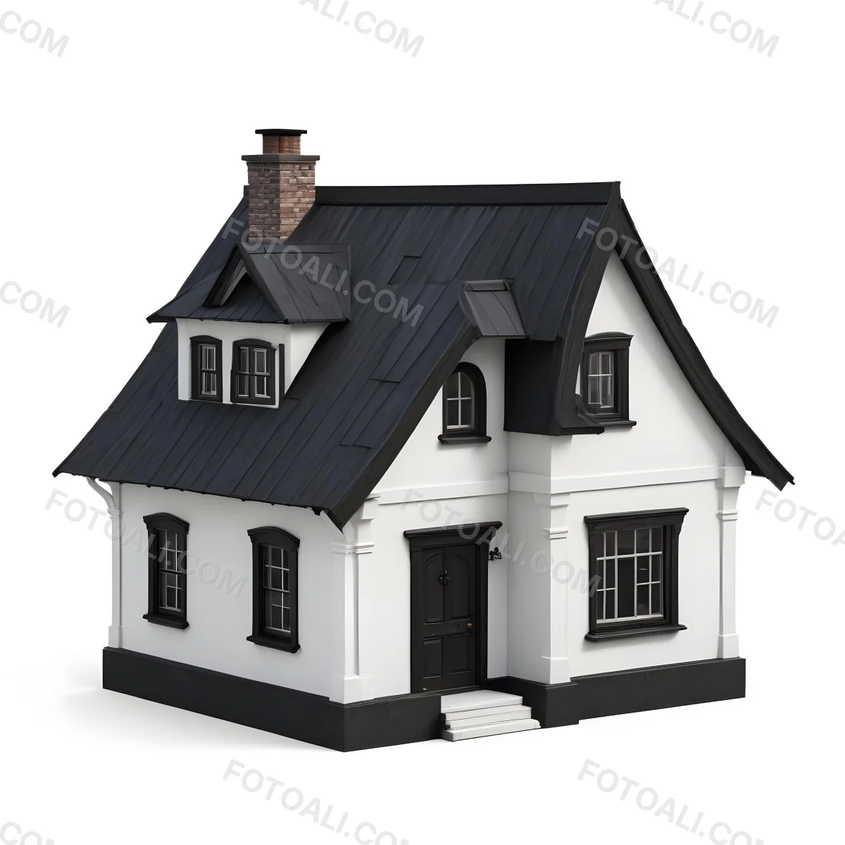 A Small White House With A Black Roof And A Wooden Foundation Wooden Door And Window Frames Isolated On Black Background 66 9a9f