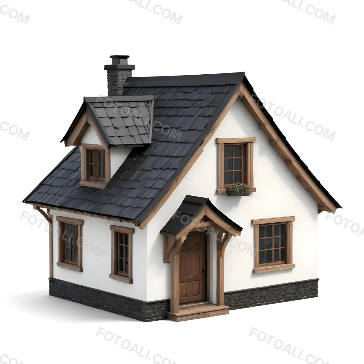 A Small White House With A Black Roof And A Wooden Foundation Wooden Door And Window Frames Isolated On Black Background 67 C019