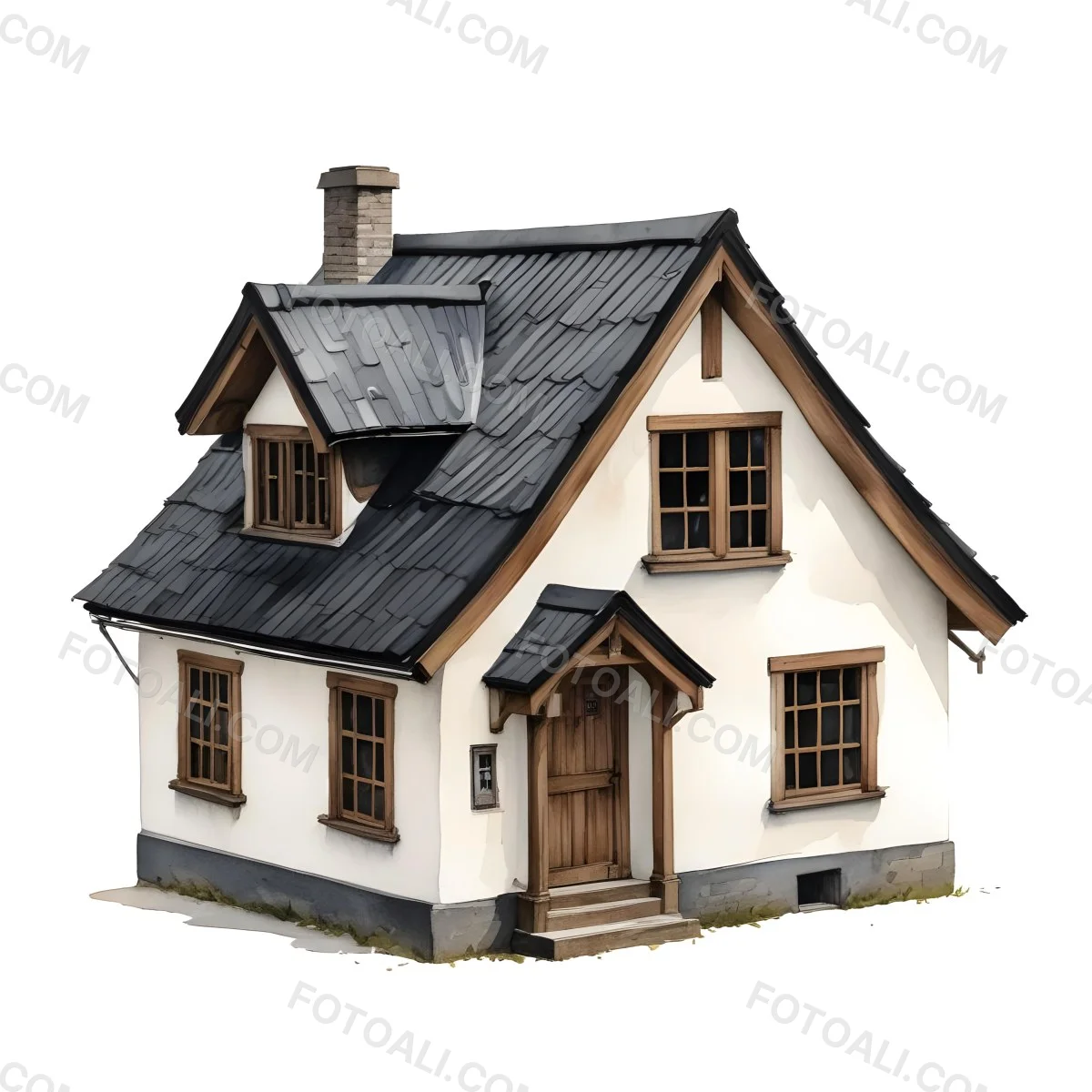 A Small White House With A Black Roof And A Wooden Foundation Wooden Door And Window Frames Isolated On Black Background 7 6f04