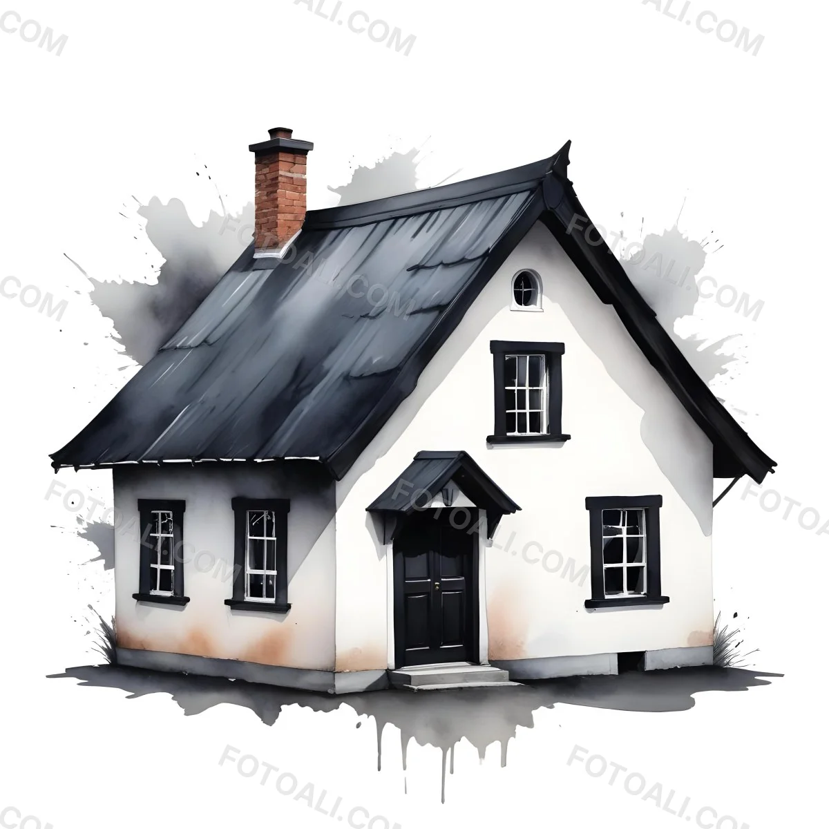 A Small White House With A Black Roof And A Wooden Foundation Wooden Door And Window Frames Isolated On Black Background 8 9f45