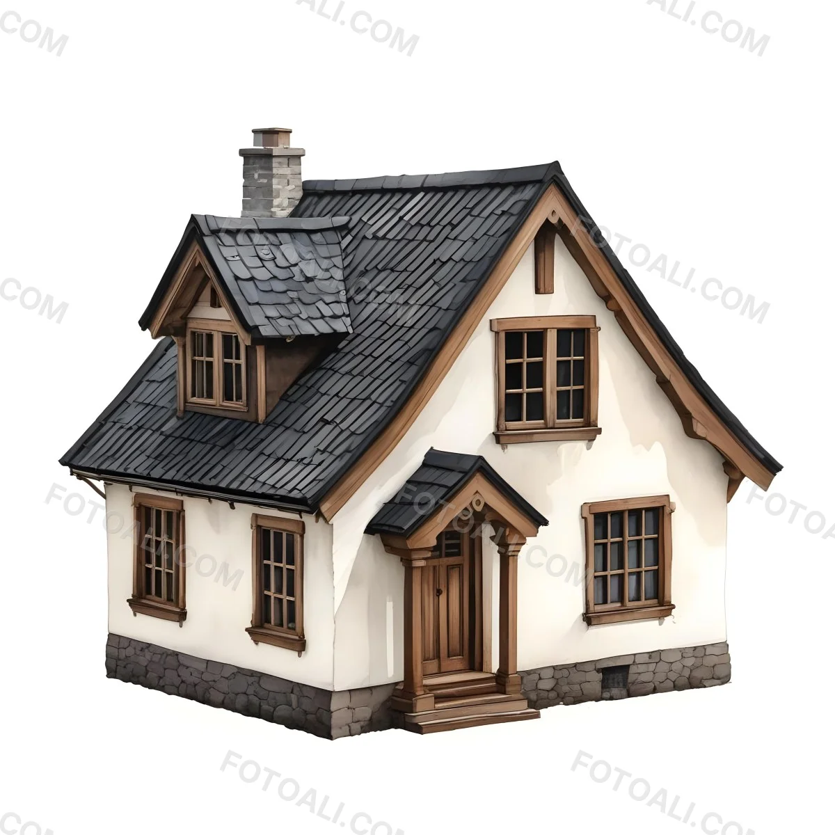 A Small White House With A Black Roof And A Wooden Foundation Wooden Door And Window Frames Isolated On Black Background 9 A31a