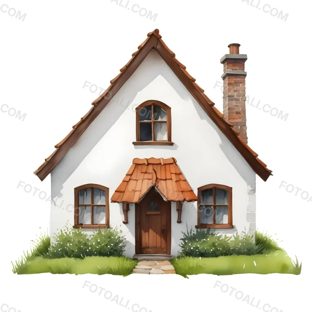 A Small White House With A Brown Roof And Chimney Surrounded By Green Grass On A White Background 26 A1ba