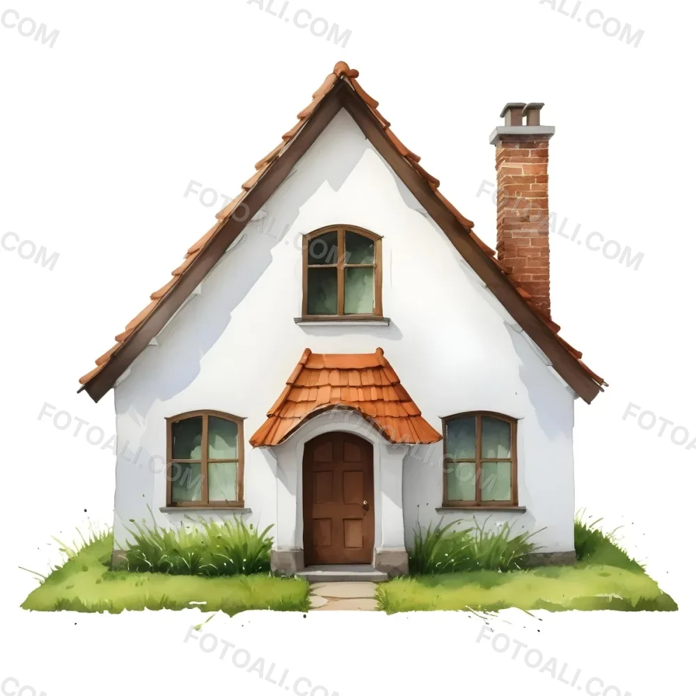 A Small White House With A Brown Roof And Chimney Surrounded By Green Grass On A White Background 31 3479