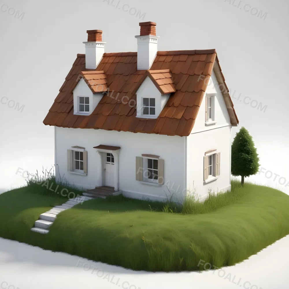 A Small White House With A Brown Roof And Chimney Surrounded By Green Grass On A White Background 38 17b5