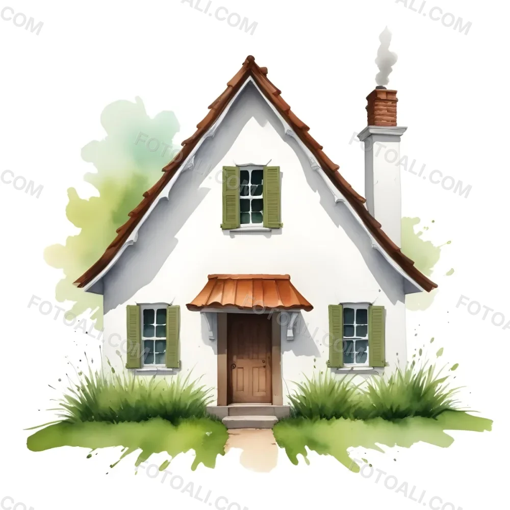 A Small White House With A Brown Roof And Chimney Surrounded By Green Grass On A White Background 4 Bc70