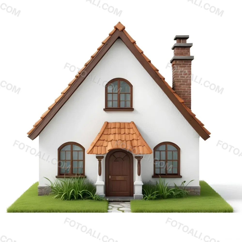 A Small White House With A Brown Roof And Chimney Surrounded By Green Grass On A White Background 55 B0fe