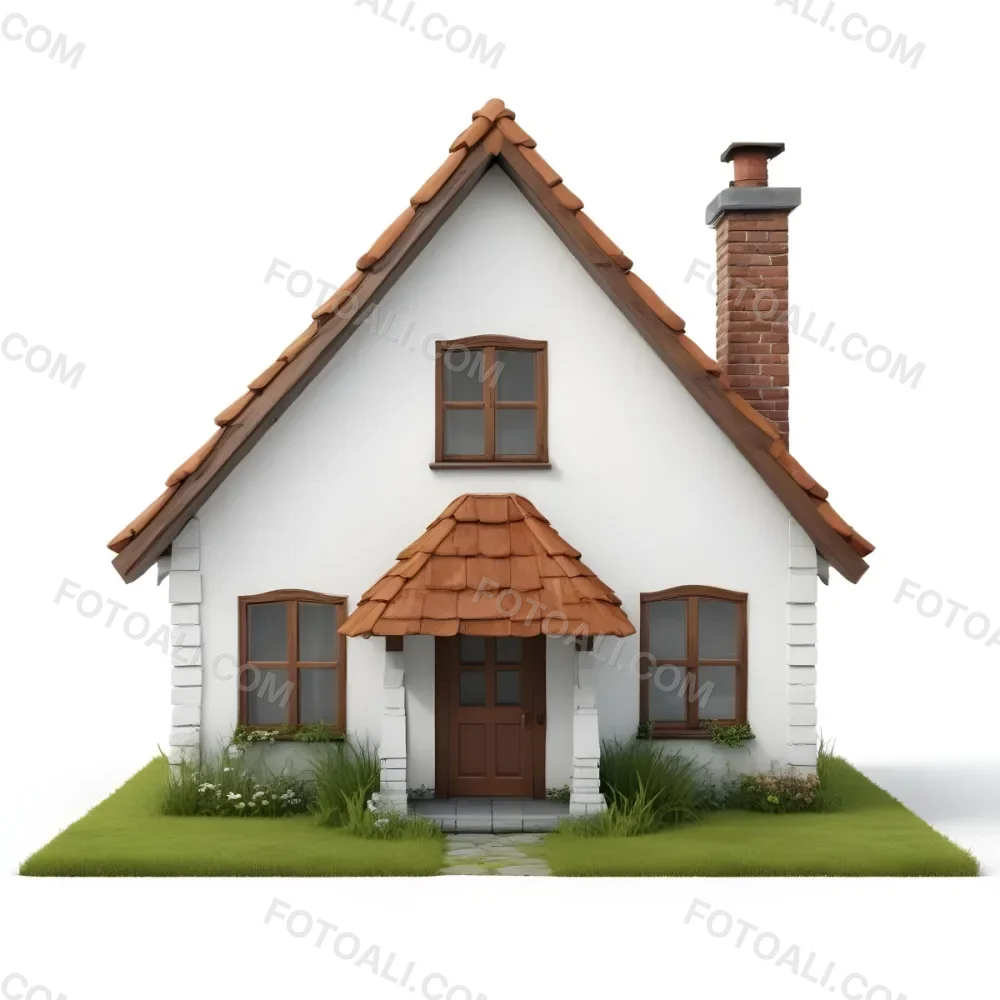 A Small White House With A Brown Roof And Chimney Surrounded By Green Grass On A White Background 56 5bc2