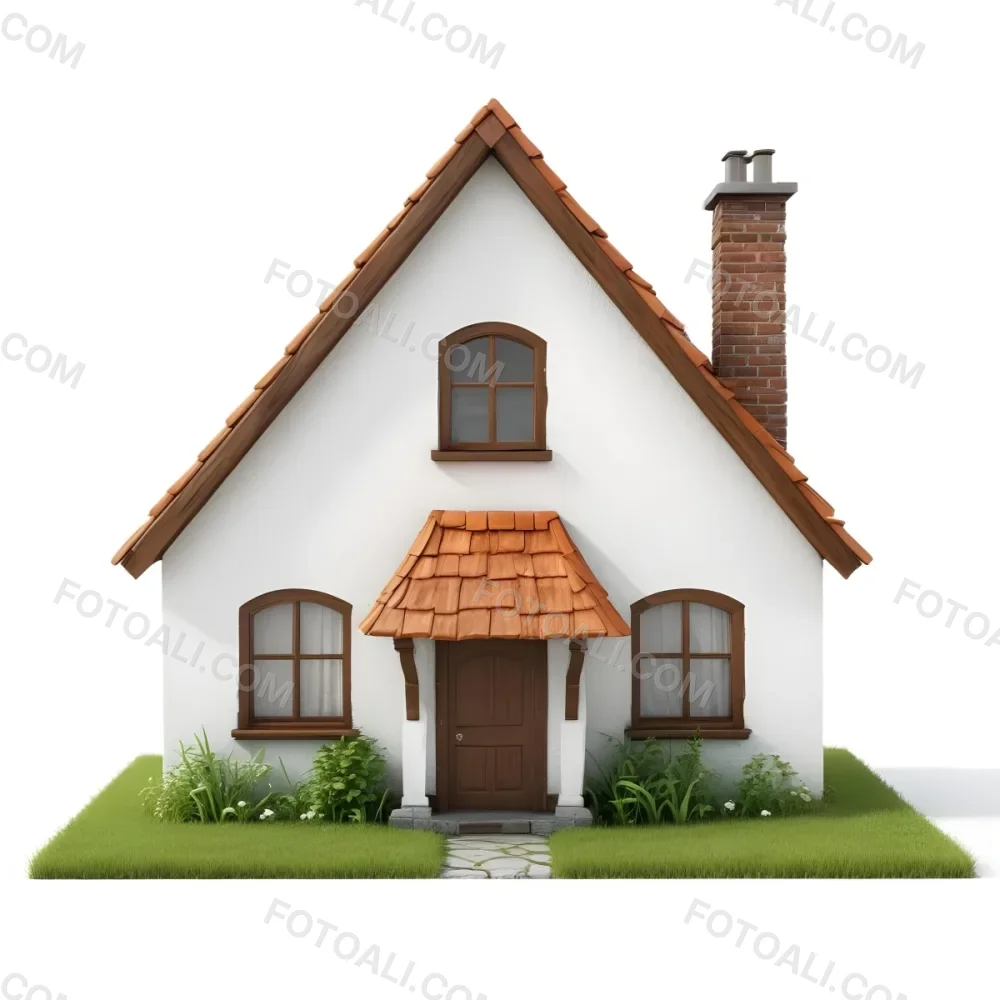 A Small White House With A Brown Roof And Chimney Surrounded By Green Grass On A White Background 57 A0dc