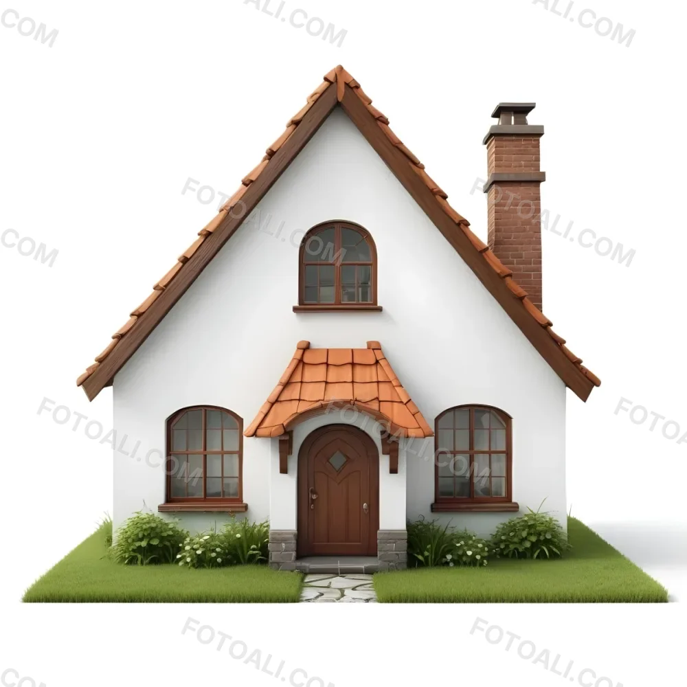 A Small White House With A Brown Roof And Chimney Surrounded By Green Grass On A White Background 58 8d42