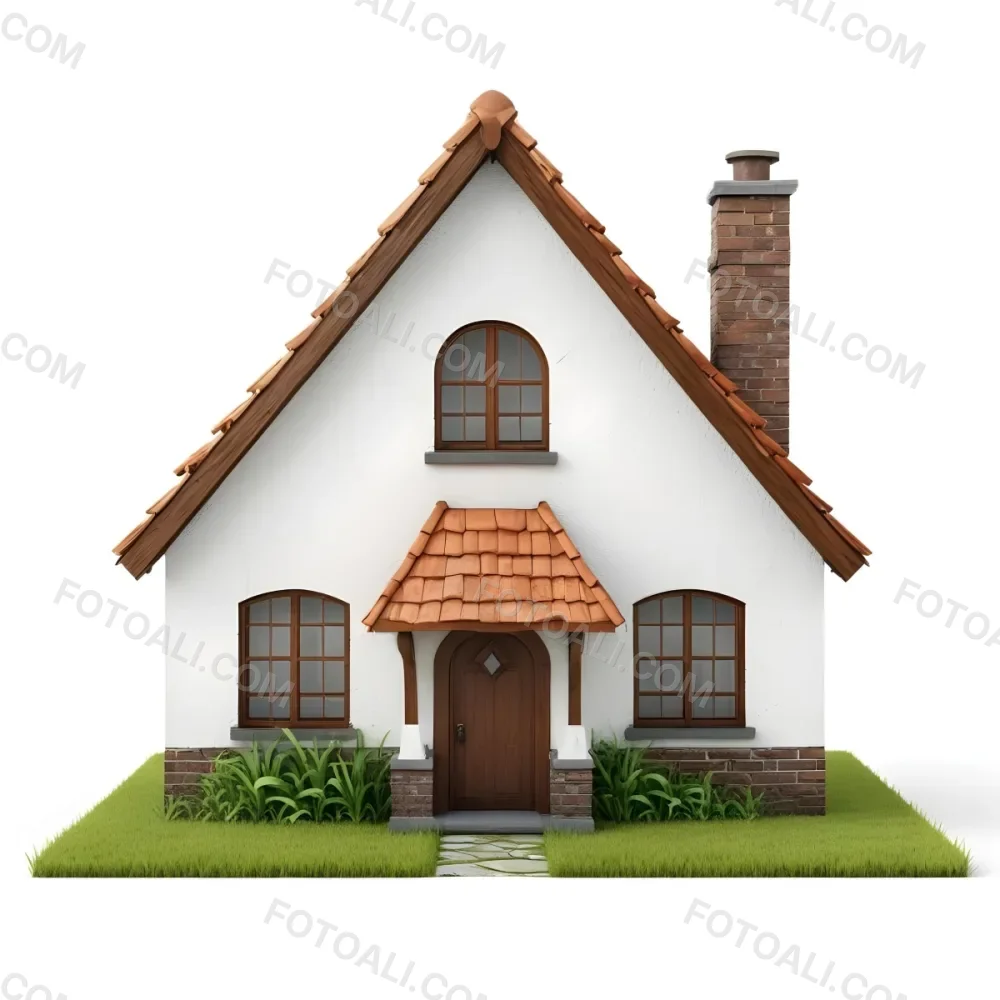A Small White House With A Brown Roof And Chimney Surrounded By Green Grass On A White Background 59 74cc