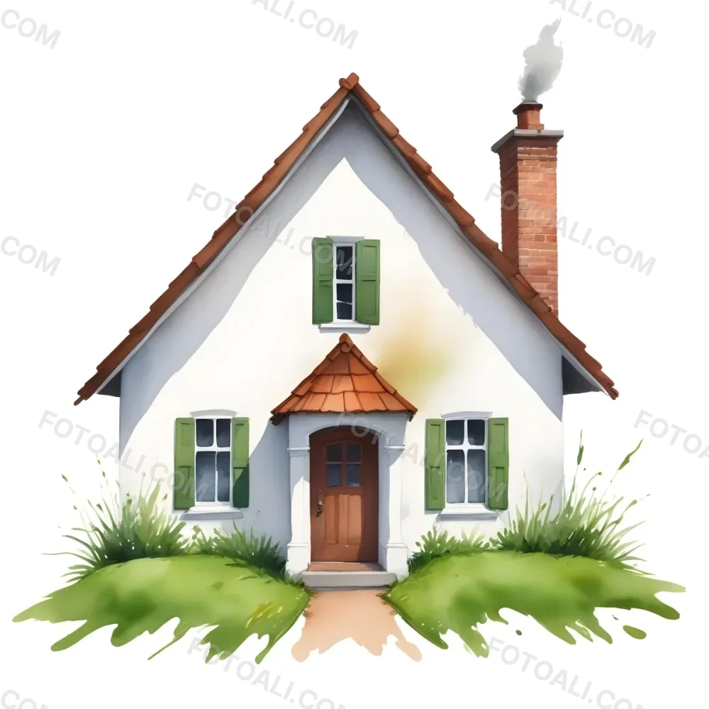 A Small White House With A Brown Roof And Chimney Surrounded By Green Grass On A White Background 6 E93e