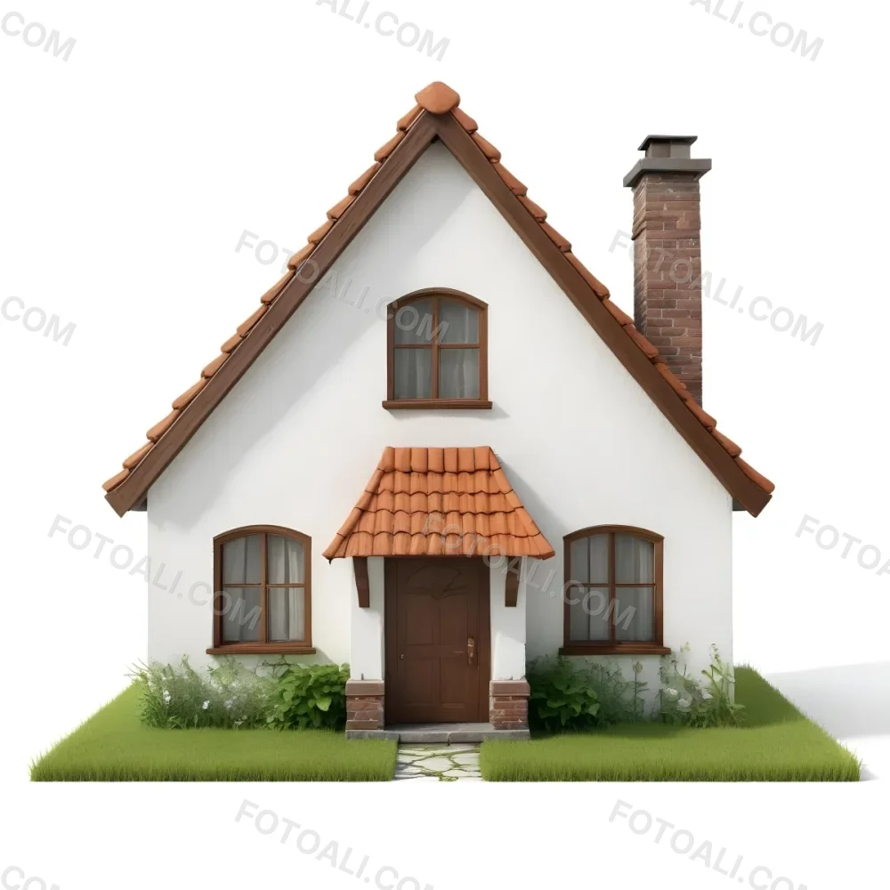 A Small White House With A Brown Roof And Chimney Surrounded By Green Grass On A White Background 60 D6f8