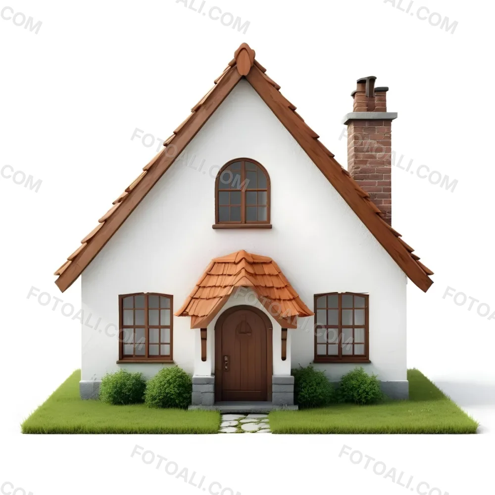 A Small White House With A Brown Roof And Chimney Surrounded By Green Grass On A White Background 62 94b6