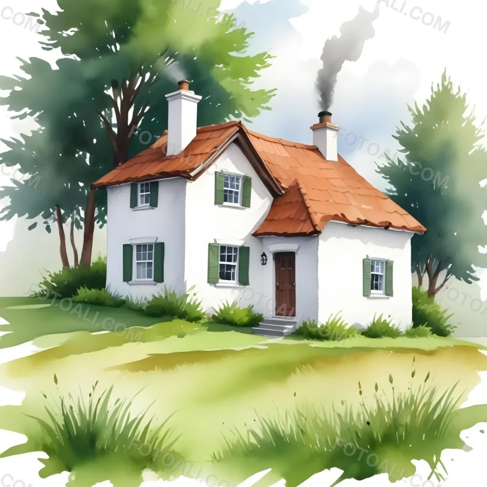 A Small White House With A Brown Roof And Chimney Surrounded By Green Grass On A White Background 7 854b
