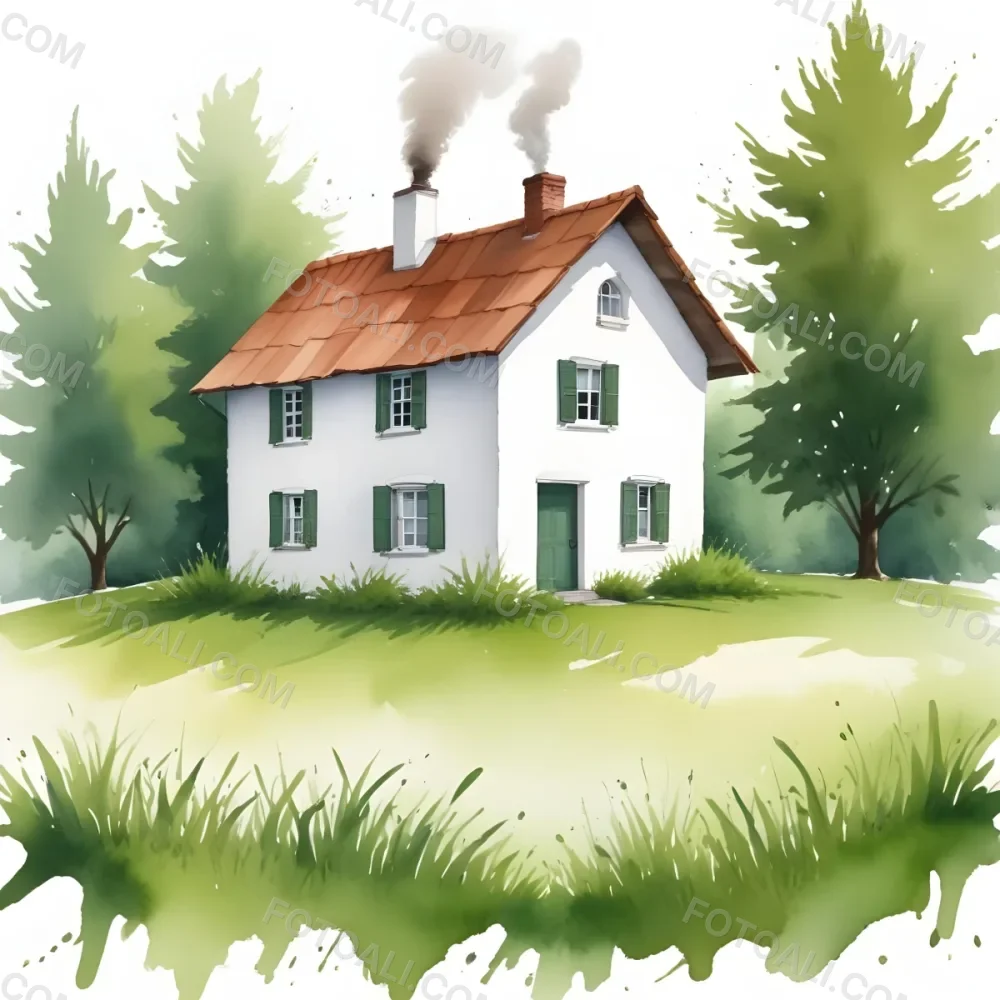 A Small White House With A Brown Roof And Chimney Surrounded By Green Grass On A White Background 8 9659